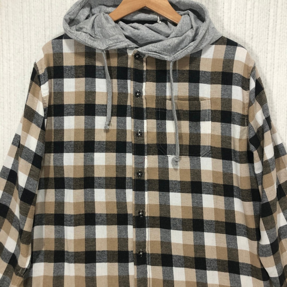 Cornerstore Bodega Mens Small Tan Black Plaid Hooded Flannel Shirt NWT